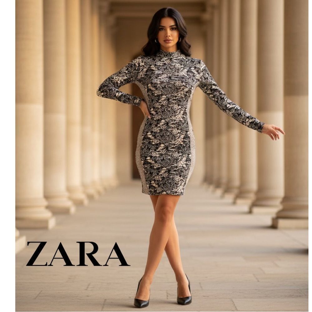 🛍️ Zara Black beige Patterned fitted ruched midi sweater Dress size medium large - Picture 6 of 13